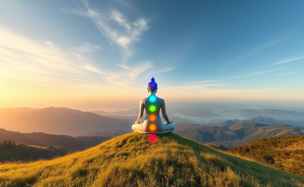 A serene landscape with vibrant chakras aligned along a peaceful figure.