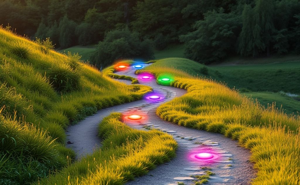 A serene landscape with vibrant chakras aligned along a winding path.