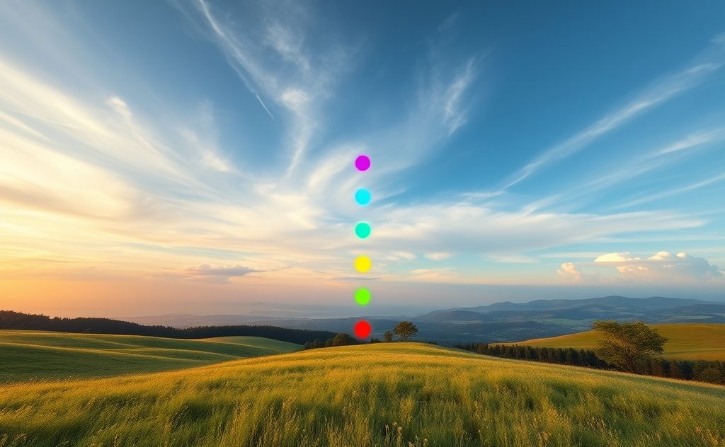 A serene landscape with vibrant chakras aligned in the sky.
