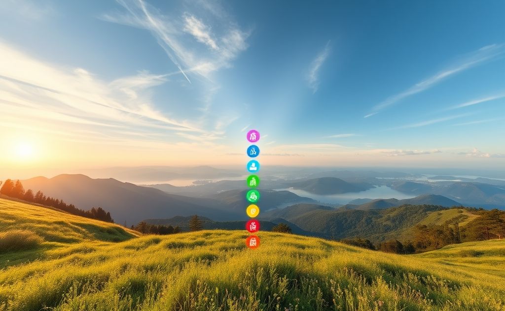 A serene landscape with vibrant chakras aligned with nature.