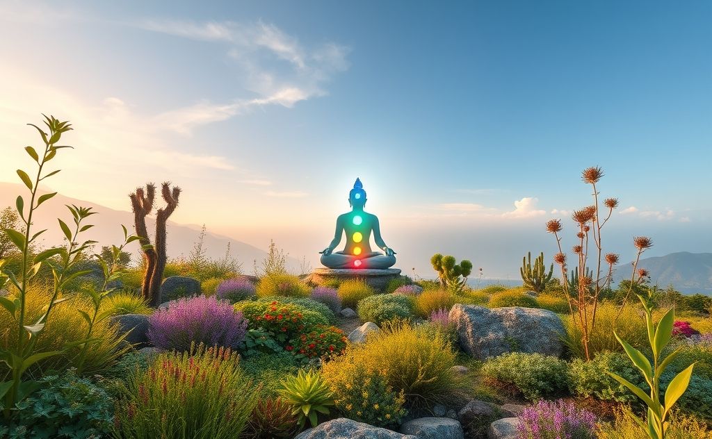 A serene landscape with vibrant chakras and nourishing plants.