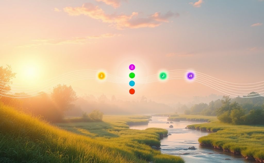 A serene landscape with vibrant chakras and soothing sound waves.