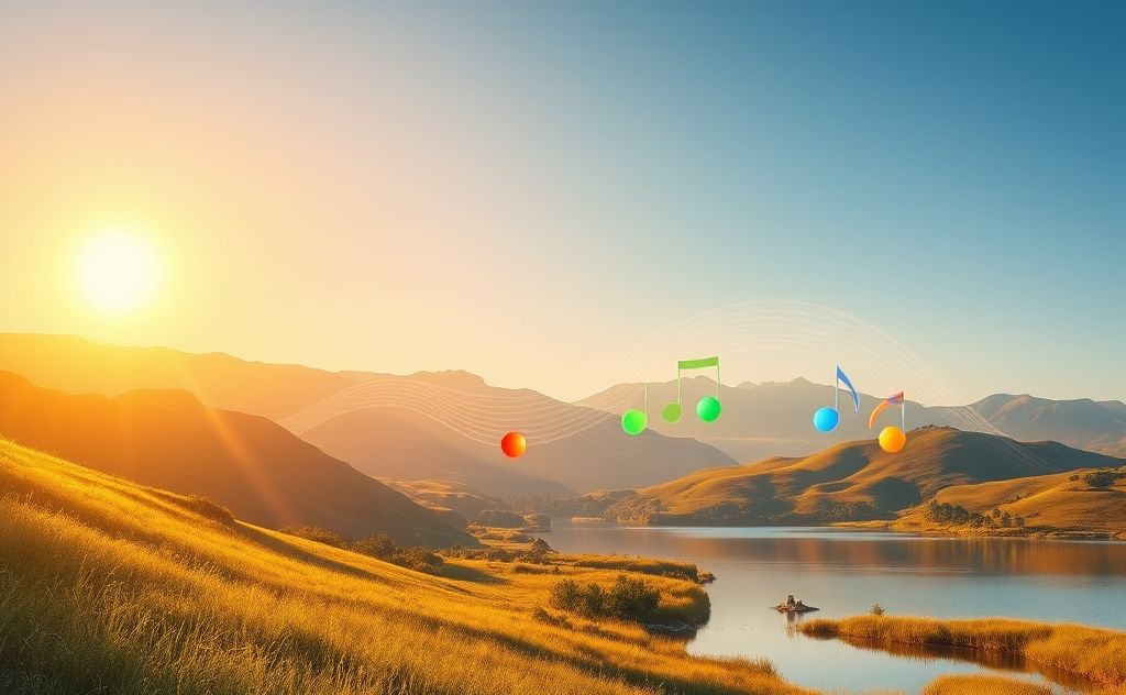 A serene landscape with vibrant chakras and sound waves emanating.