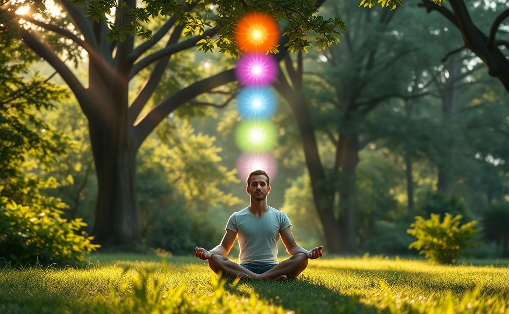 A serene landscape with vibrant chakras glowing above a meditative figure.