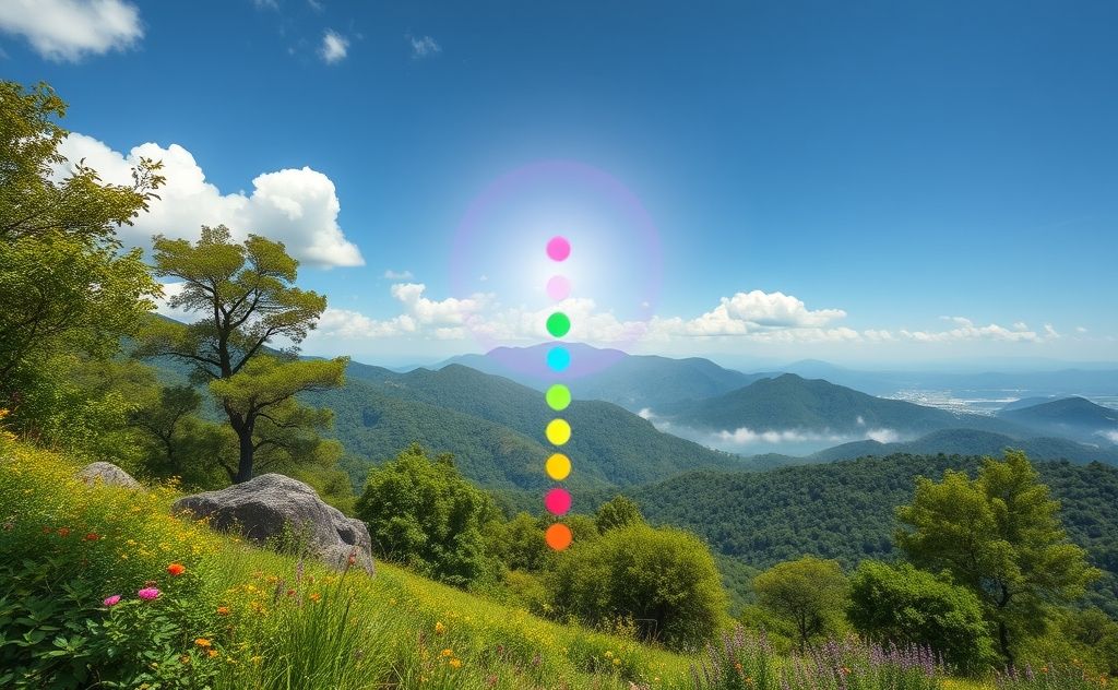 A serene landscape with vibrant chakras glowing among lush nature.