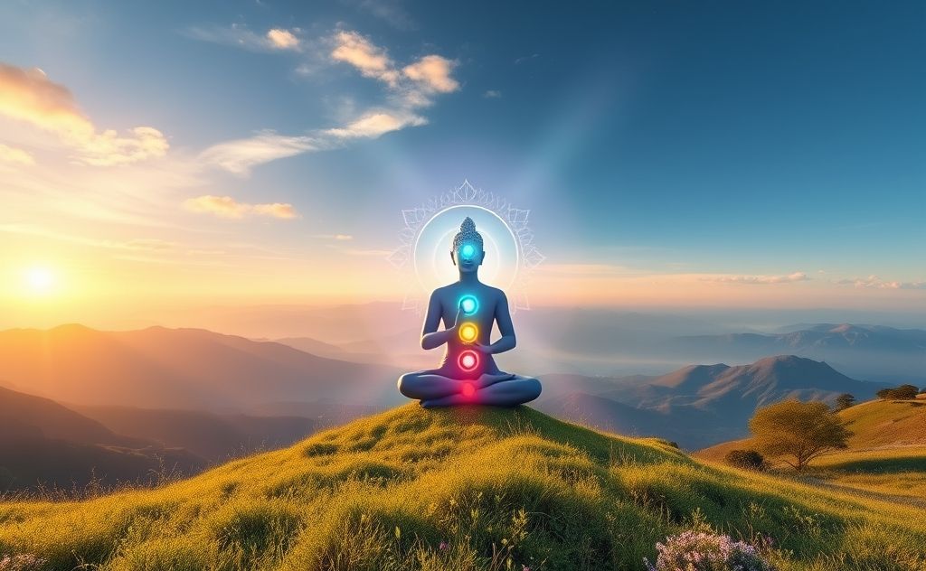 A serene landscape with vibrant chakras glowing around a meditative figure.