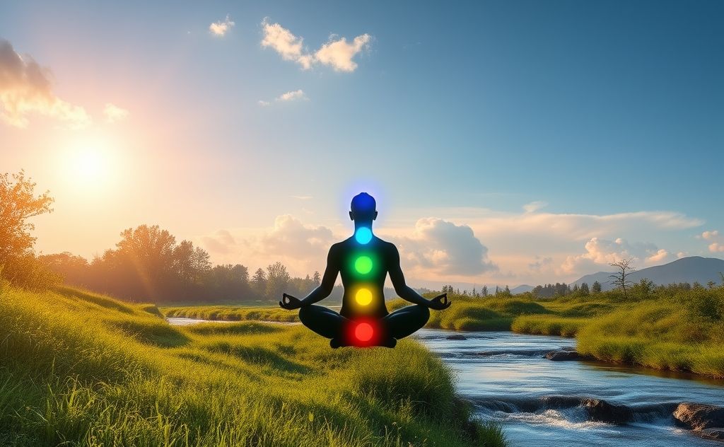 A serene landscape with vibrant chakras glowing in harmony.