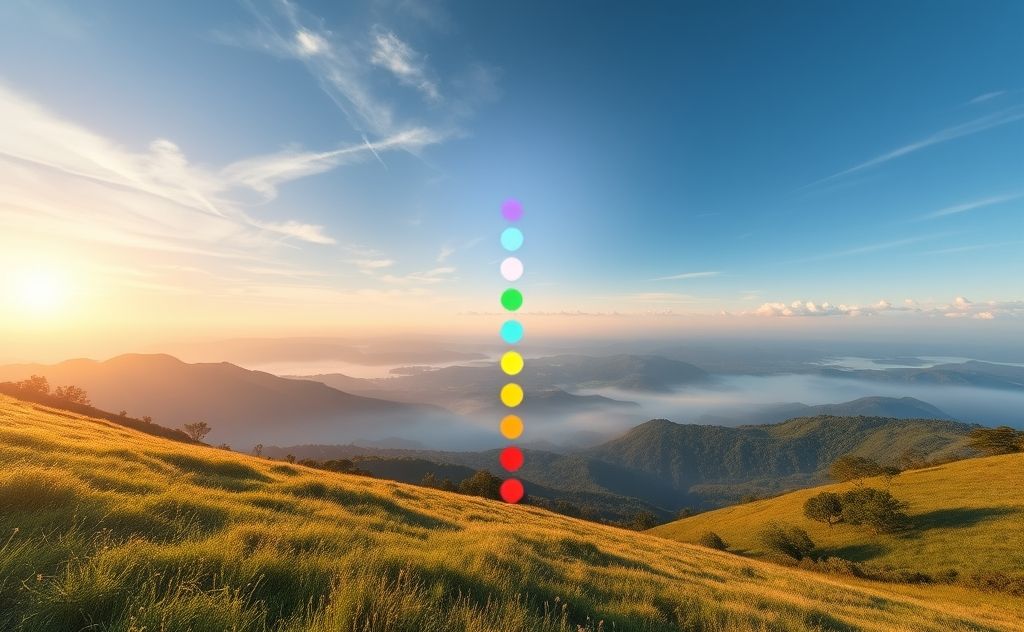 A serene landscape with vibrant chakras glowing in the air.