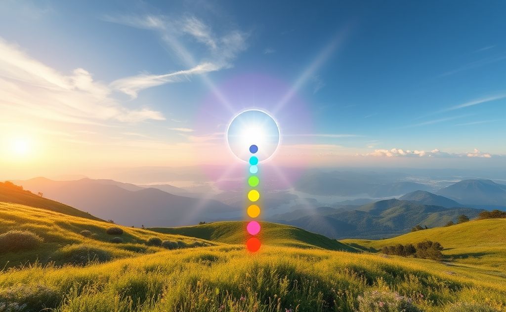 A serene landscape with vibrant chakras radiating energy.