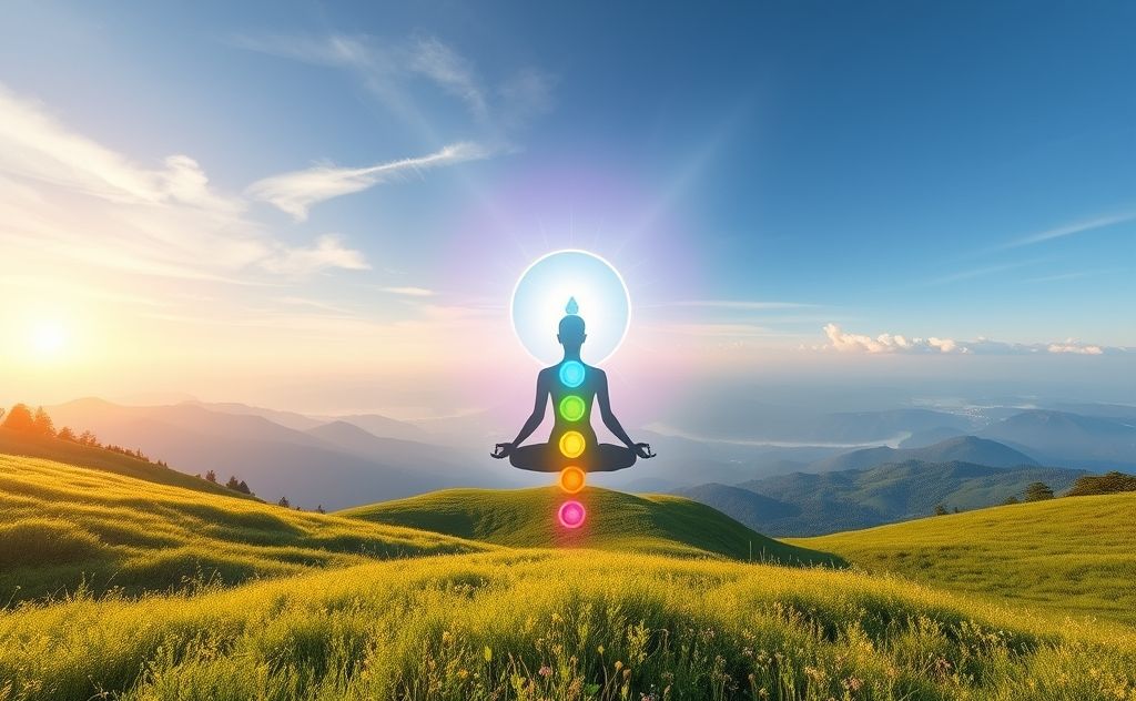A serene landscape with vibrant chakras radiating healing energy.