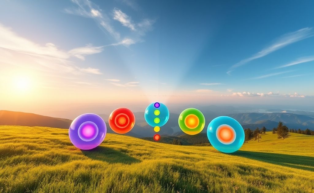 A serene landscape with vibrant chakras represented as colorful orbs.