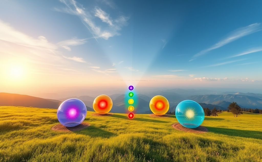 A serene landscape with vibrant chakras represented by colorful orbs.