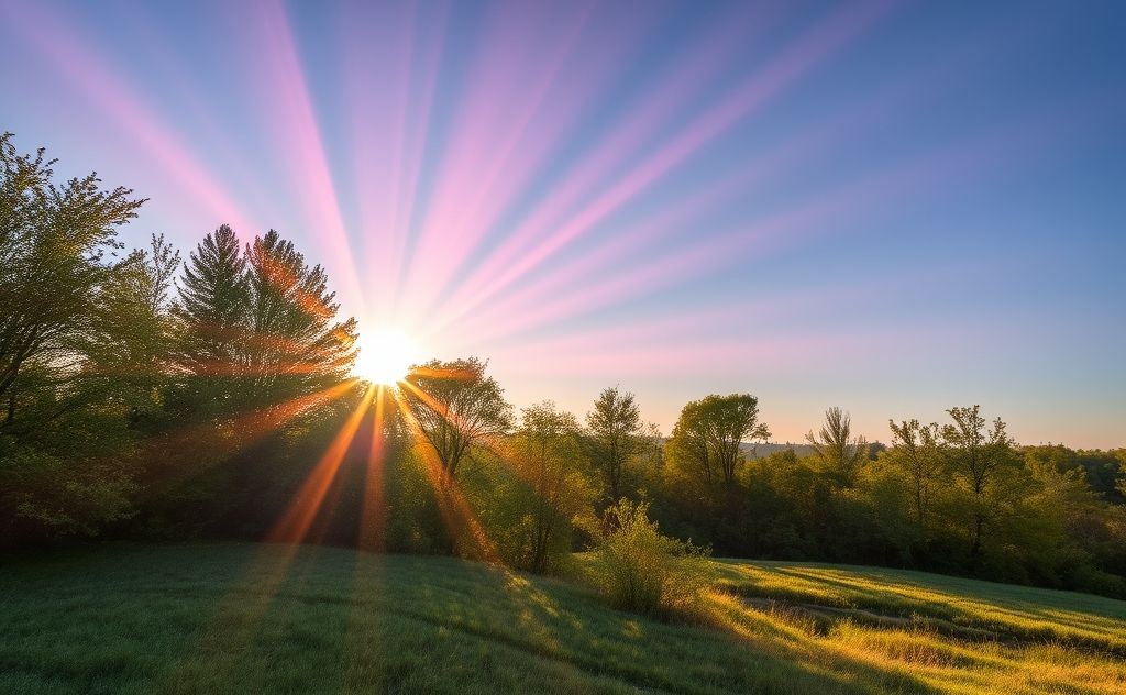 A serene landscape with vibrant color rays shining through trees.