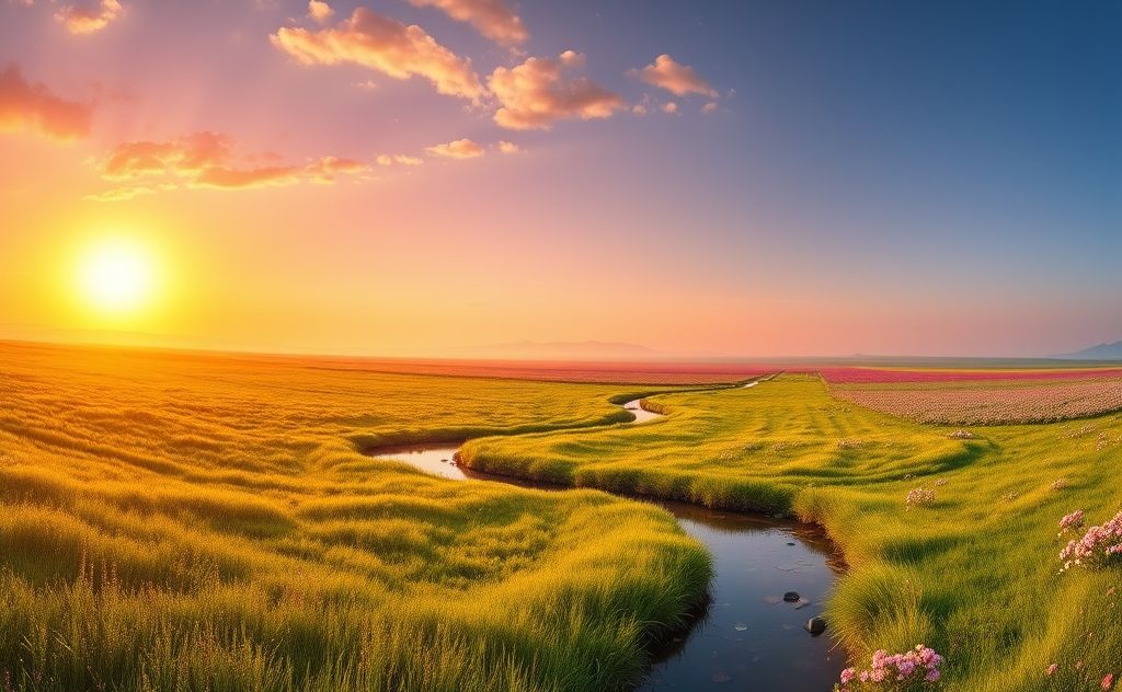 A serene landscape with vibrant colors representing chakra energies.