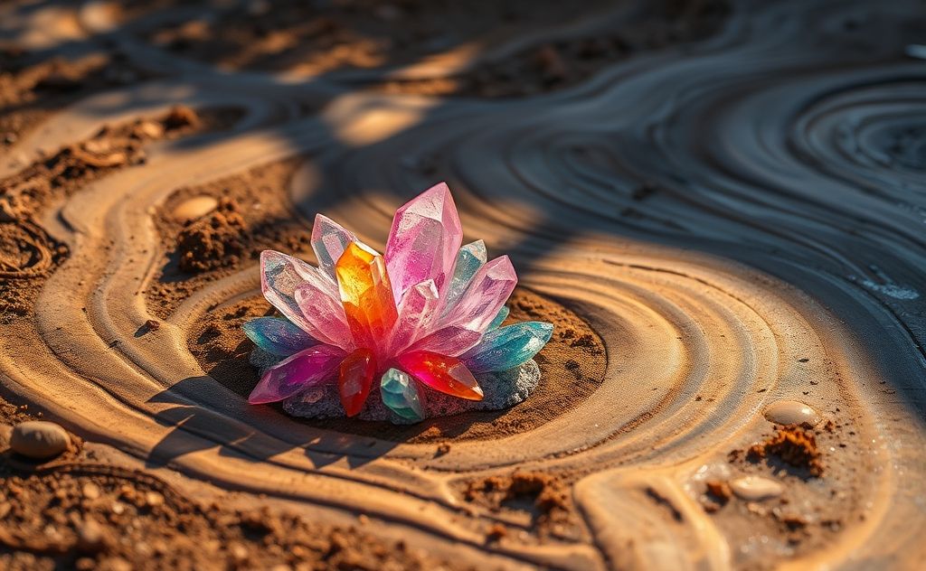 A serene landscape with vibrant crystals and flowing earth elements.