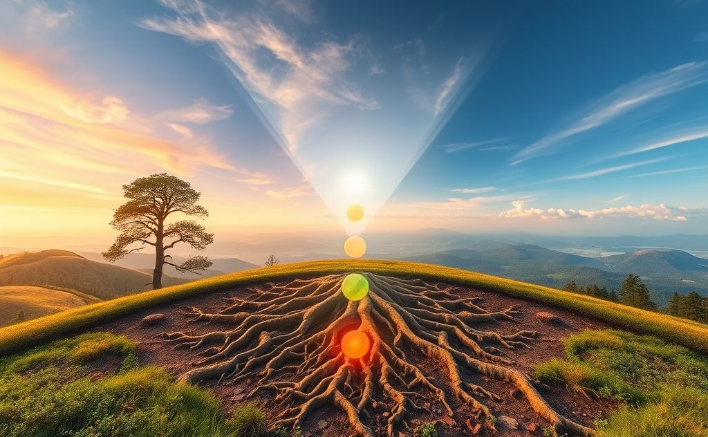 A serene landscape with vibrant earth elements representing root chakra energy.