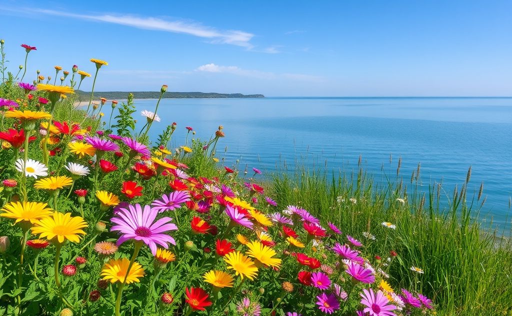 A serene landscape with vibrant flowers and a calm body of water.