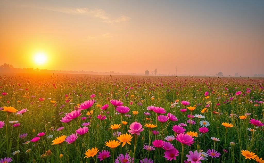 A serene landscape with vibrant flowers and a glowing sunrise.