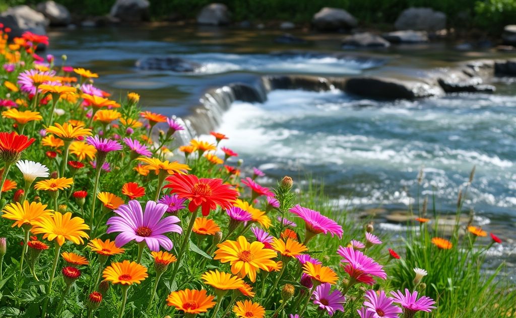 A serene landscape with vibrant flowers and gentle flowing water.