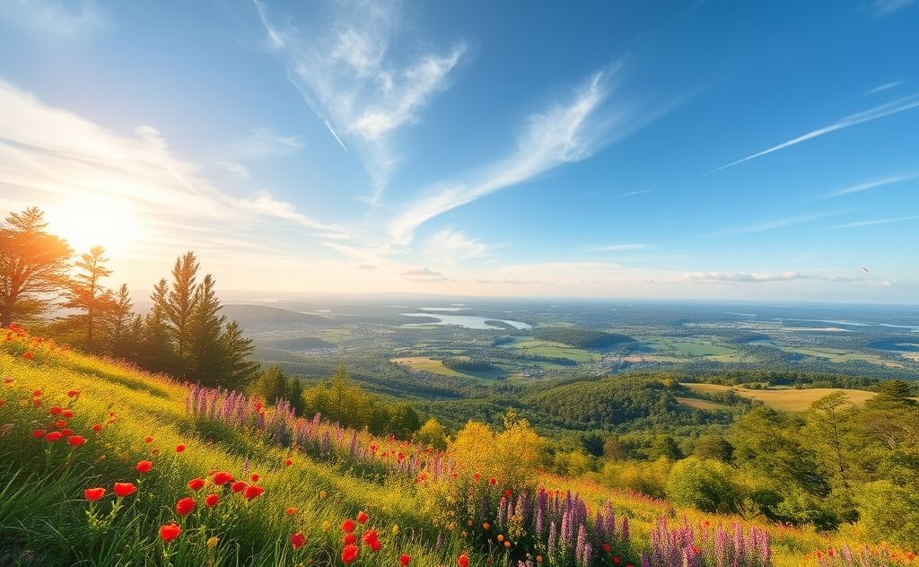 A serene landscape with vibrant nature promoting inner peace.