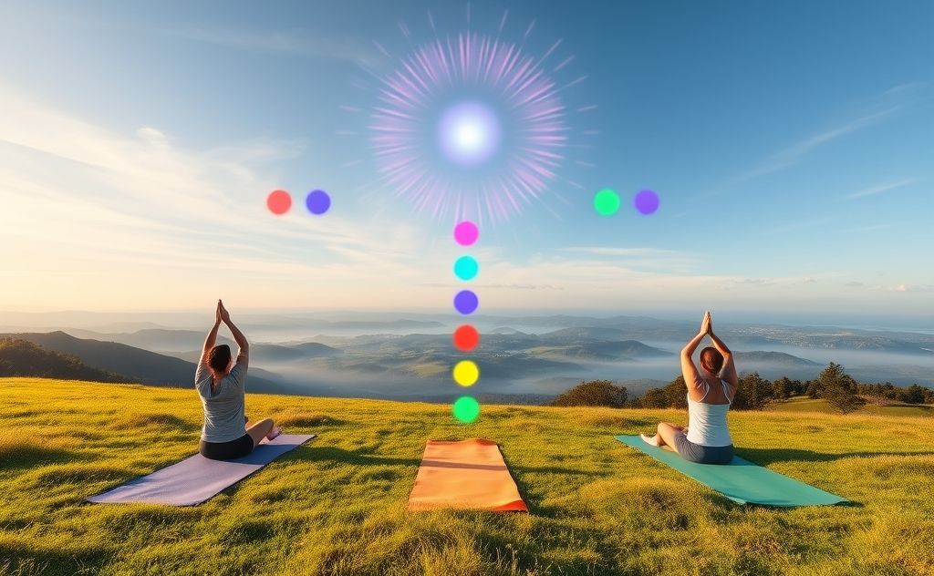 A serene landscape with yoga mats and colorful chakras in the air.