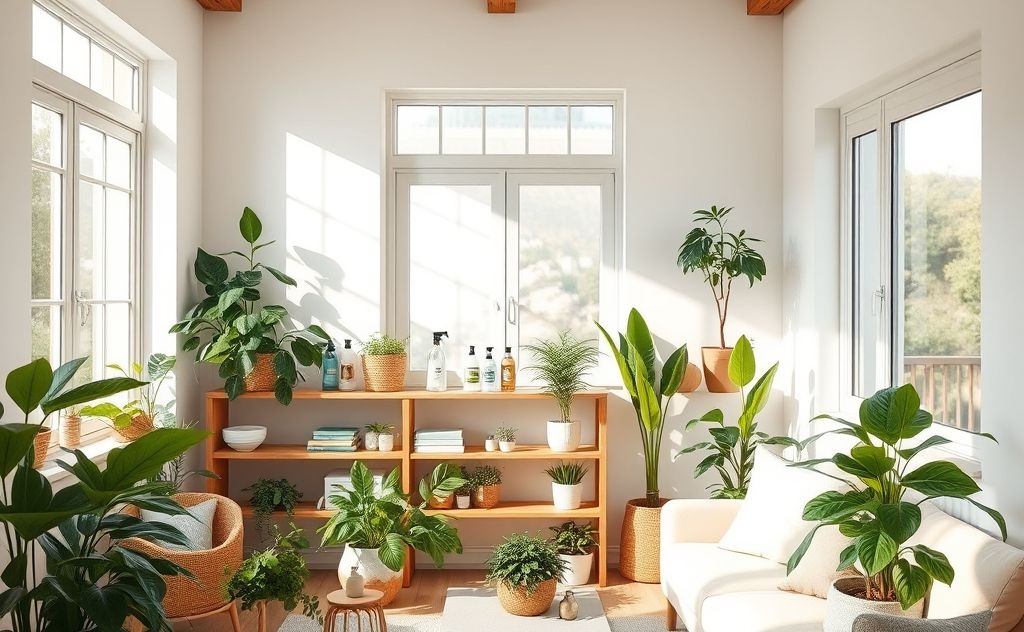 A serene living room with natural cleaning products and plants.