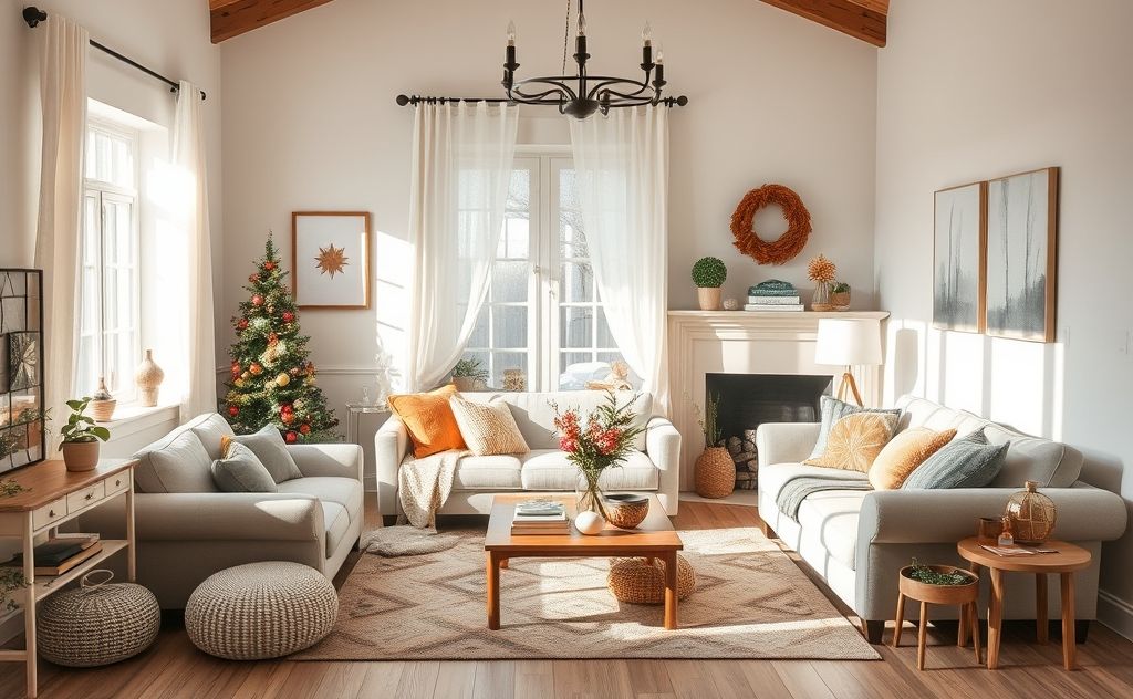 A serene living space with neatly organized seasonal items and decor.