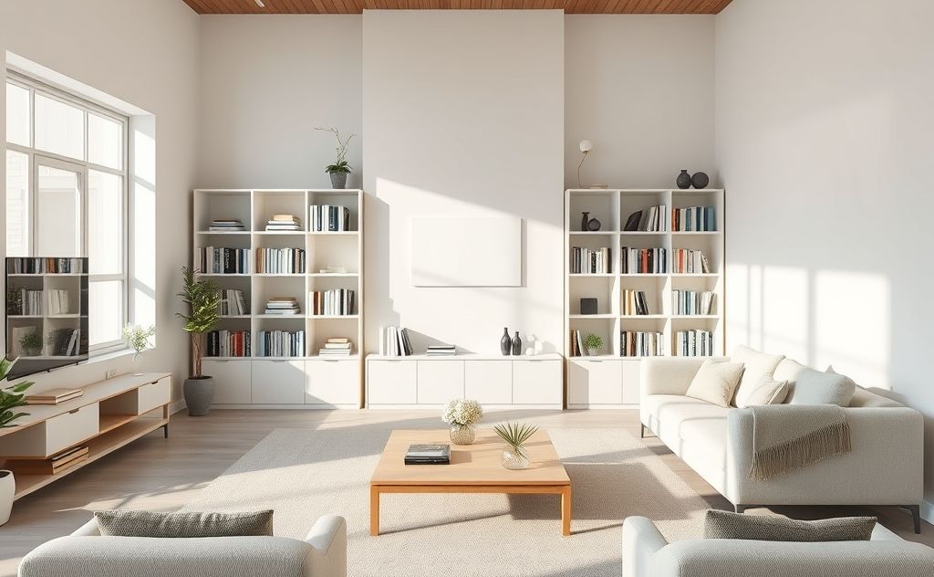 A serene living space with organized shelves and clean surfaces.