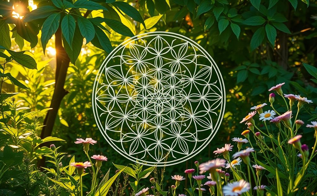 A serene mandala of the Flower of Life pattern surrounded by nature.