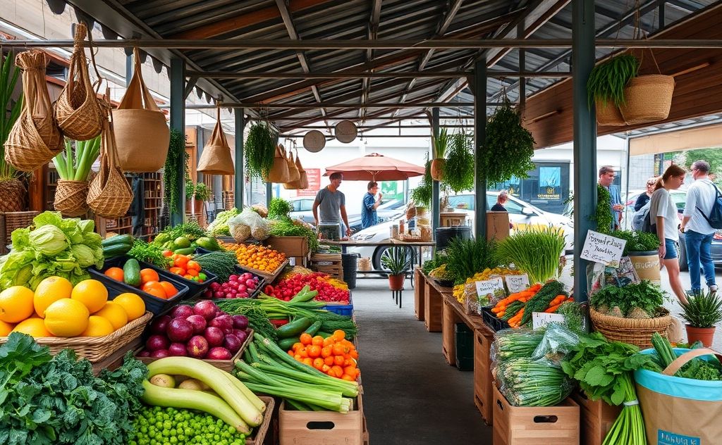 A serene market scene showcasing fresh produce and sustainable goods.