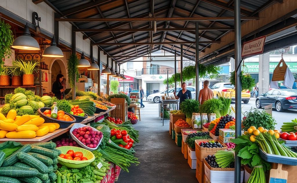 A serene market scene showcasing fresh, local produce and goods.
