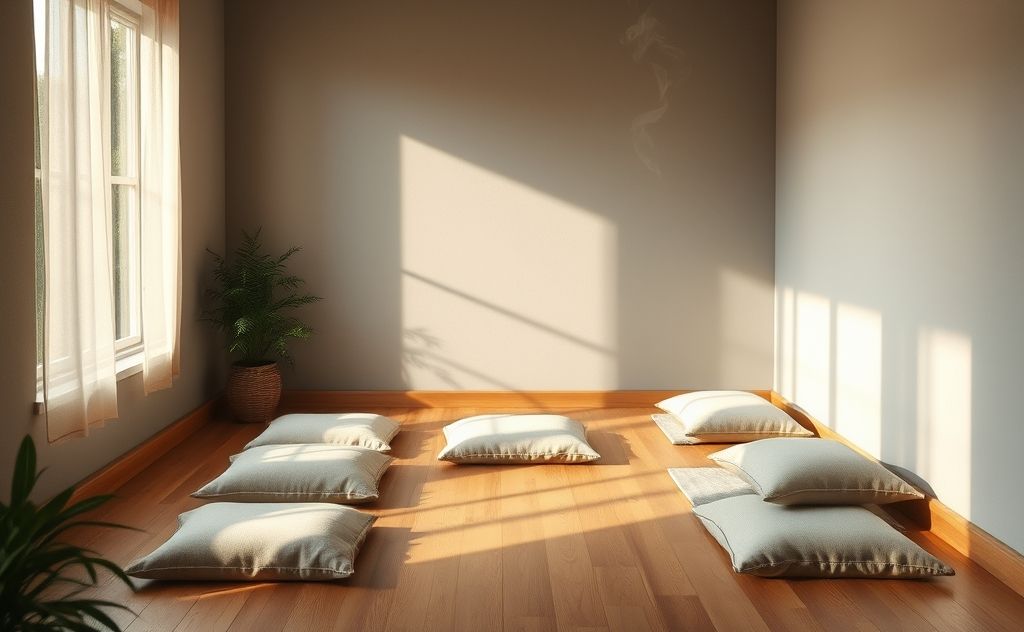 A serene meditation space with a tranquil ambiance and cushions.