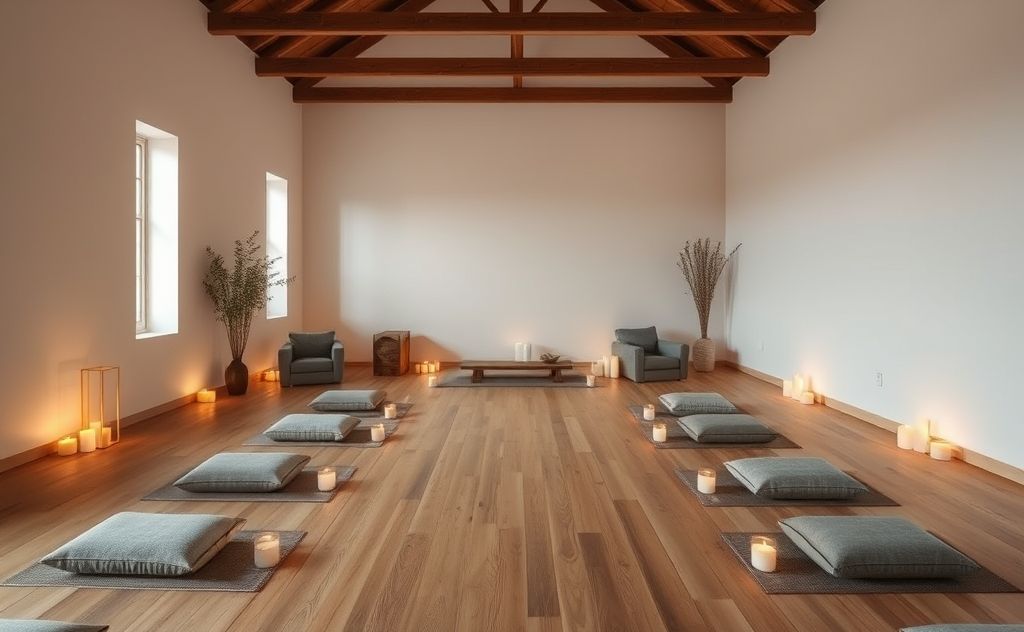 A serene meditation space with cushions and candles for teaching.