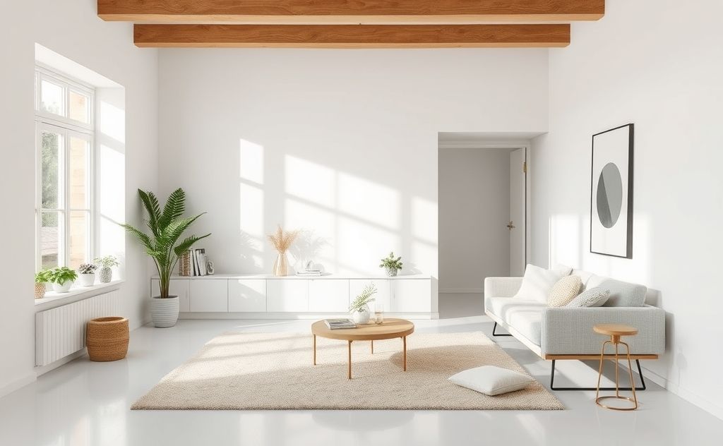 A serene minimalist home with clean surfaces and simple decor.