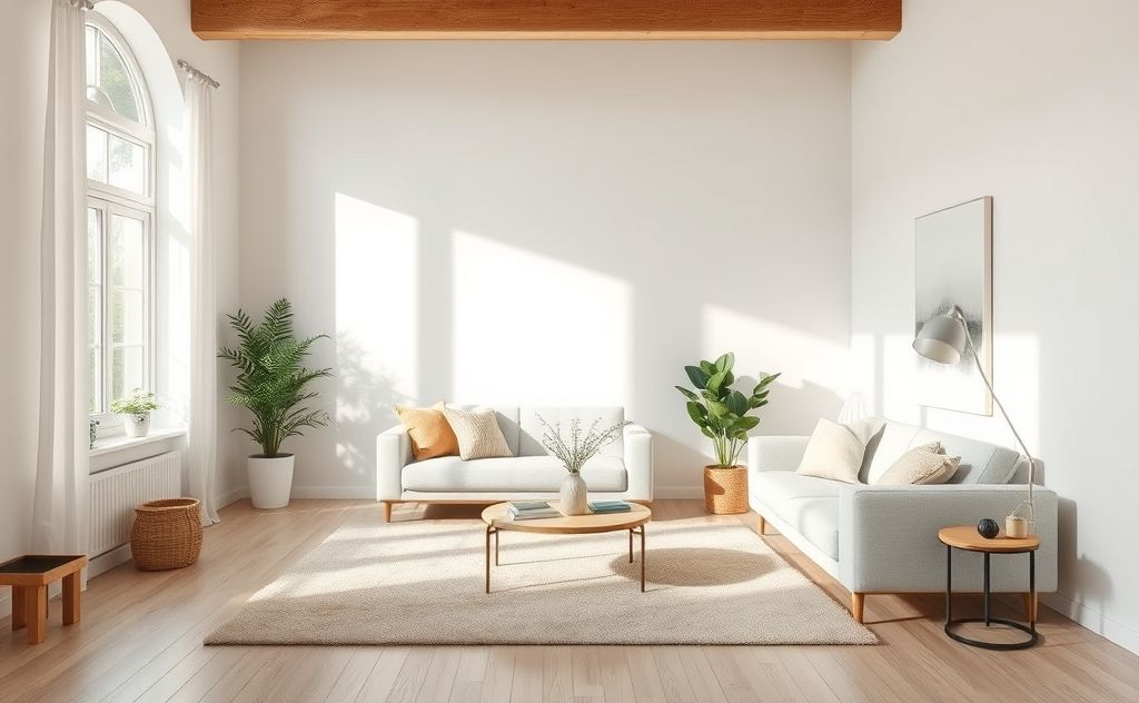 A serene minimalist living room with natural light and simple decor.