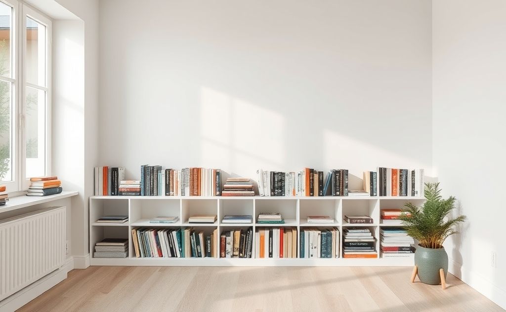 A serene minimalist room with neatly arranged decluttered books.
