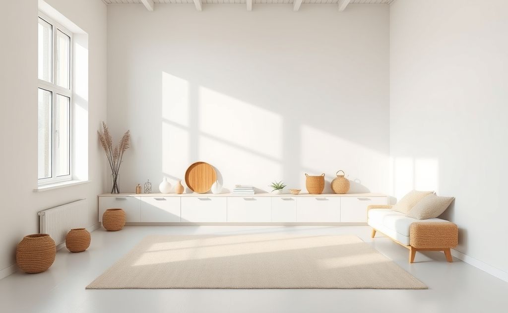 A serene minimalist room with neatly organized items and open space.