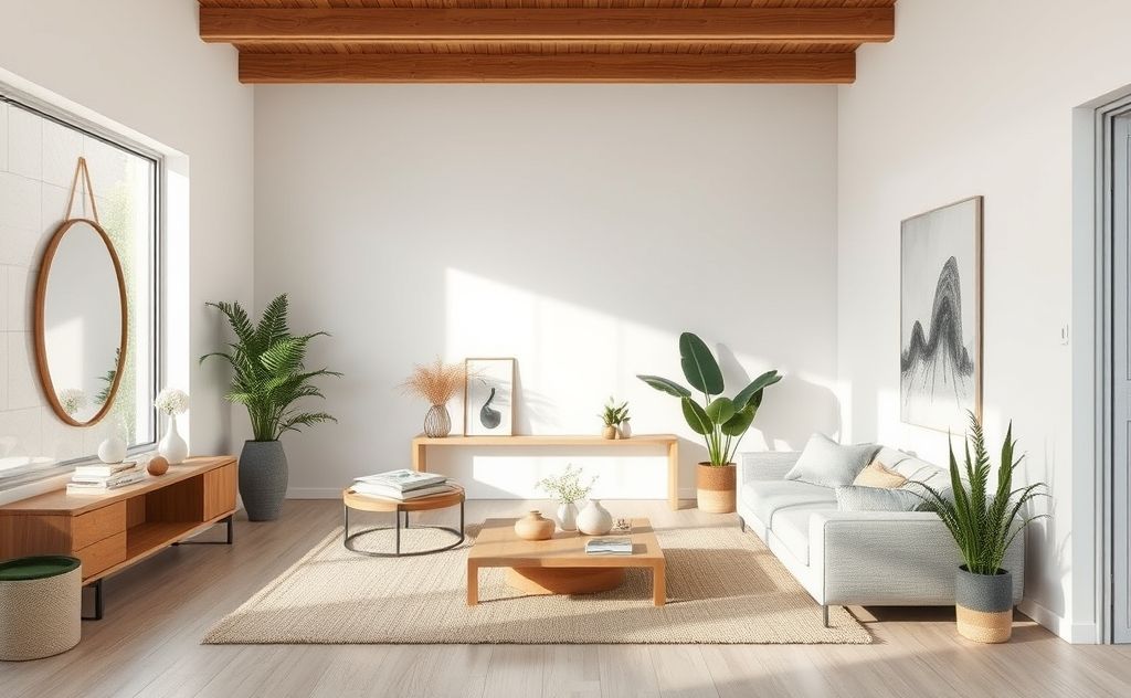 A serene modern interior with minimalist decor and natural elements.