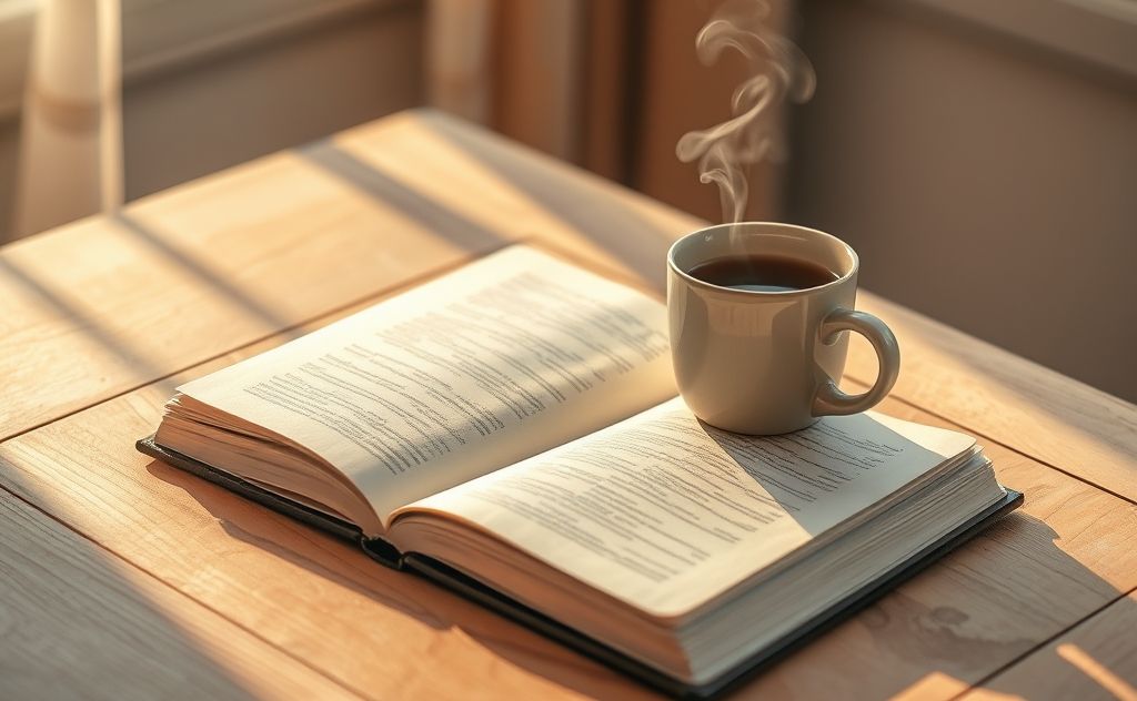 A serene morning scene with a journal and a cup of tea.