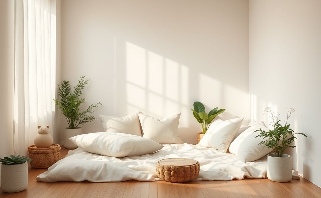 A serene morning space with soft lighting and calming elements.