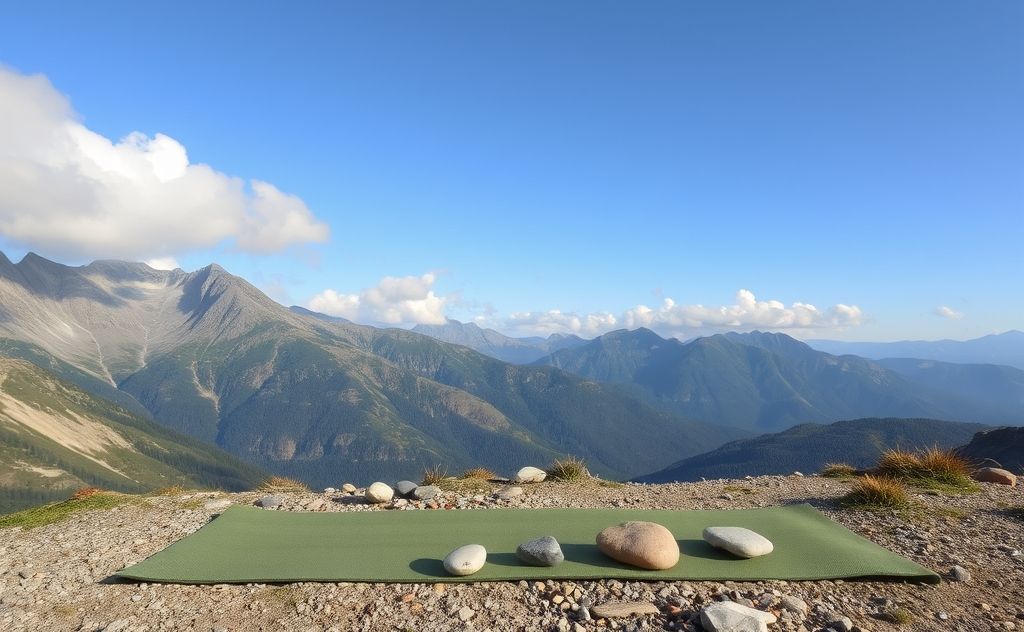A serene mountain landscape with a yoga mat and stones for grounding.