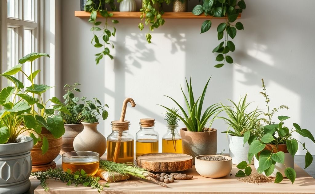 A serene natural home setting with plants and herbal remedies.