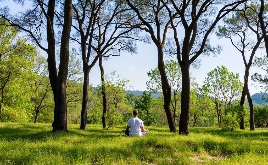 A serene natural setting with a person meditating among trees.