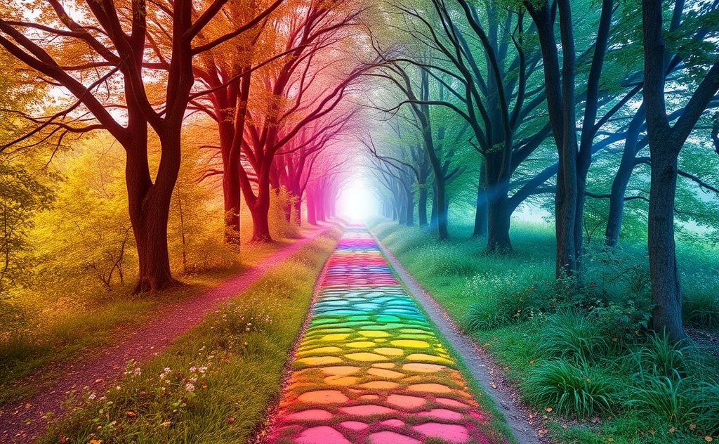 A serene nature path surrounded by vibrant chakra colors.