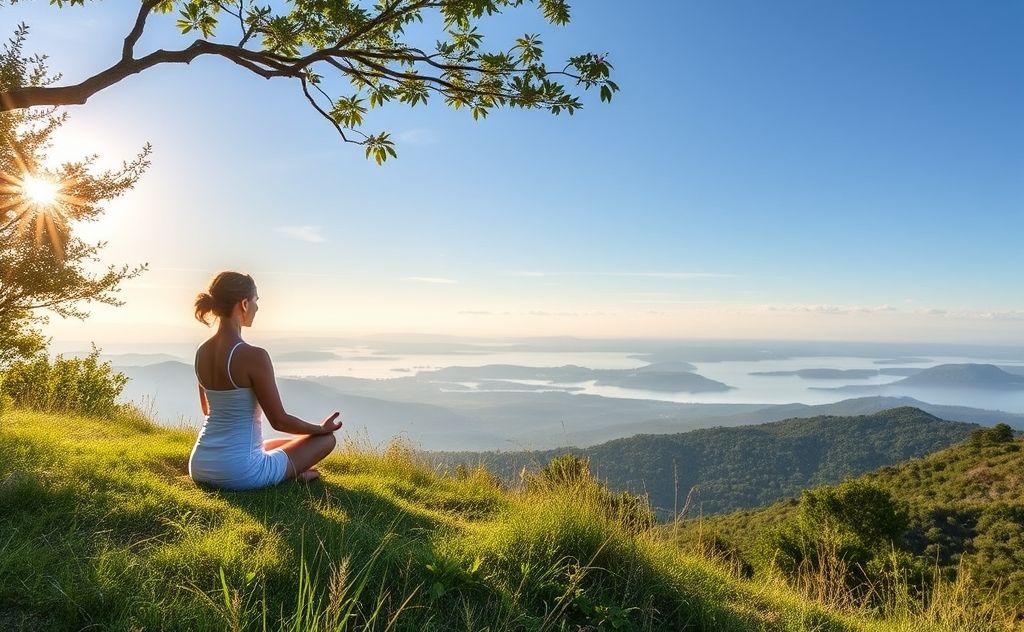 A serene nature scene depicting mindfulness and daily wellness practices.