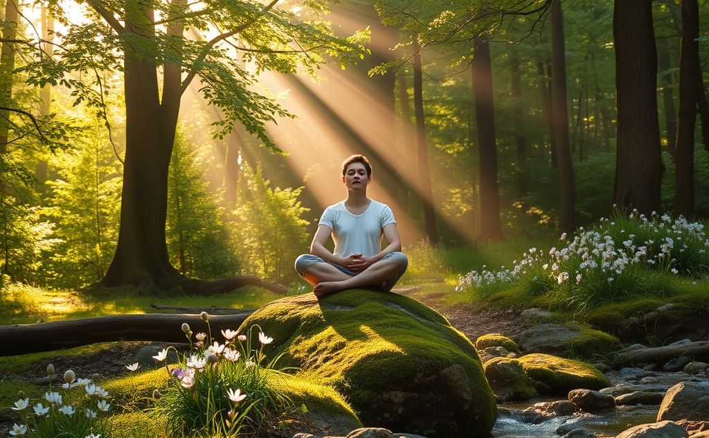 A serene nature scene with a calm person practicing mindful breathing.