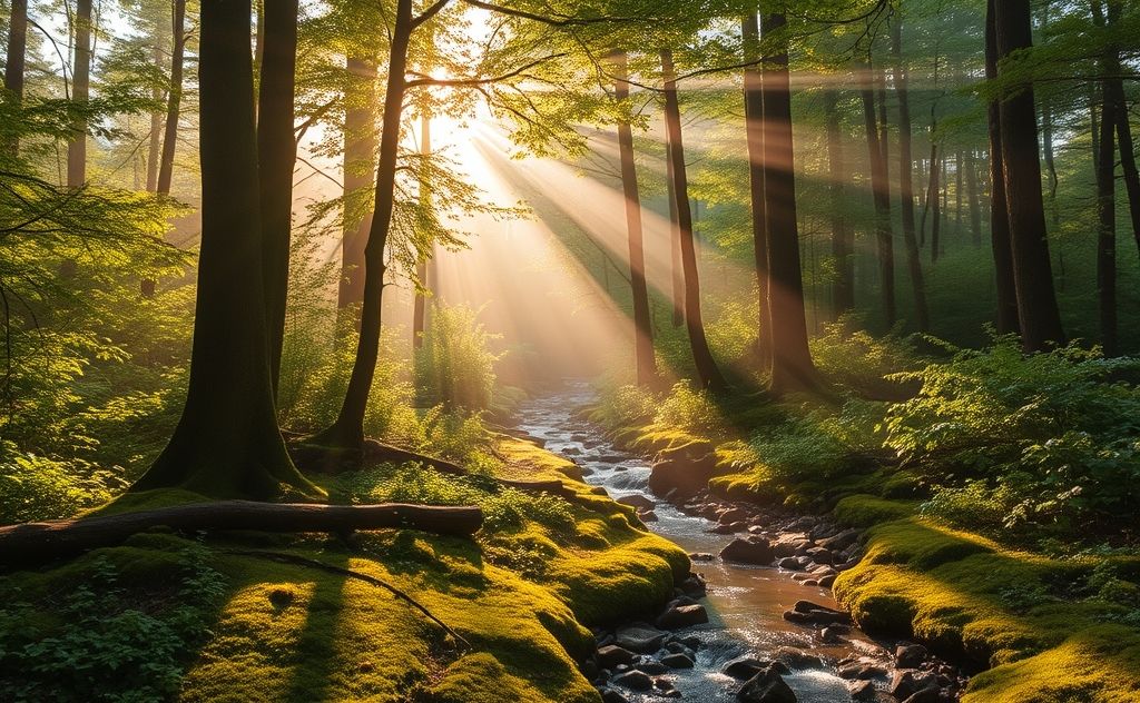 A serene nature scene with a focus on deep breathing and mindfulness.