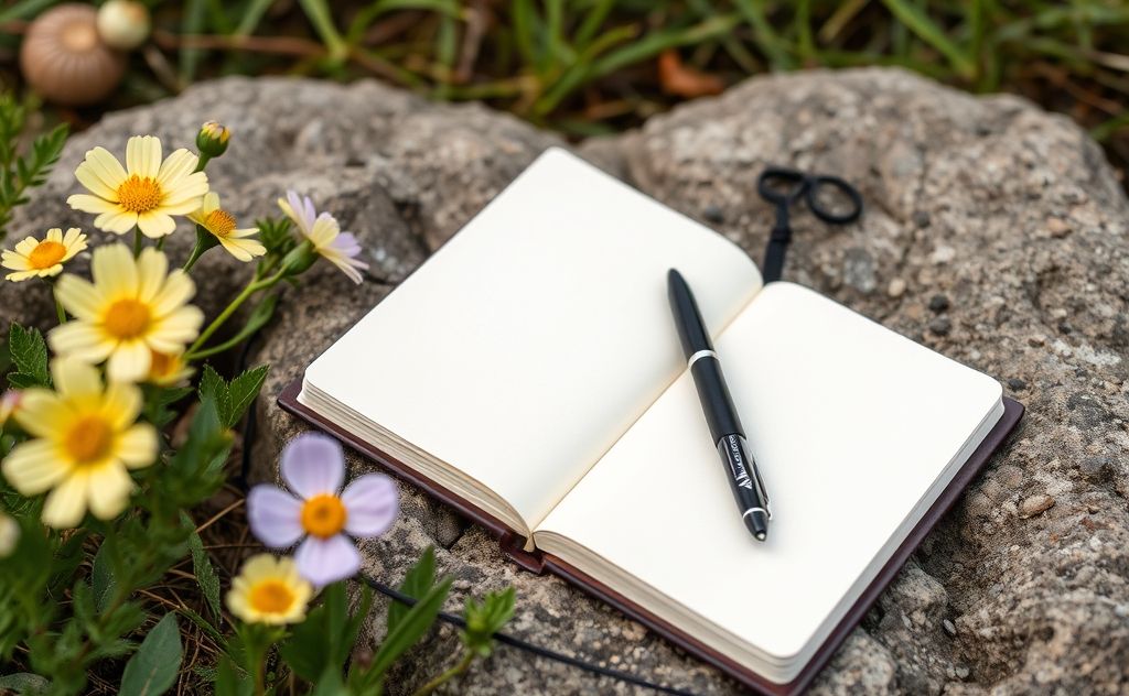 A serene nature scene with a journal and pen beside blooming flowers.