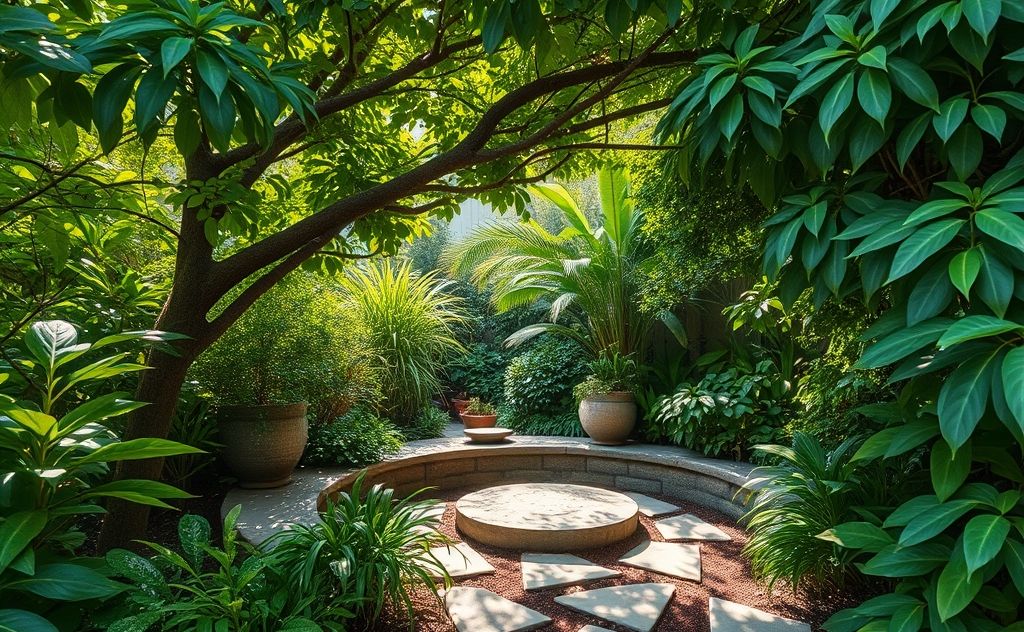 A serene nature scene with a meditative space and lush greenery.