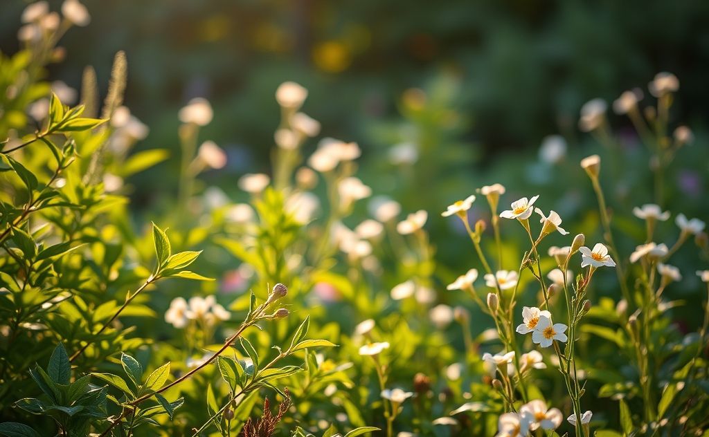 A serene nature scene with a peaceful garden and soft lighting.